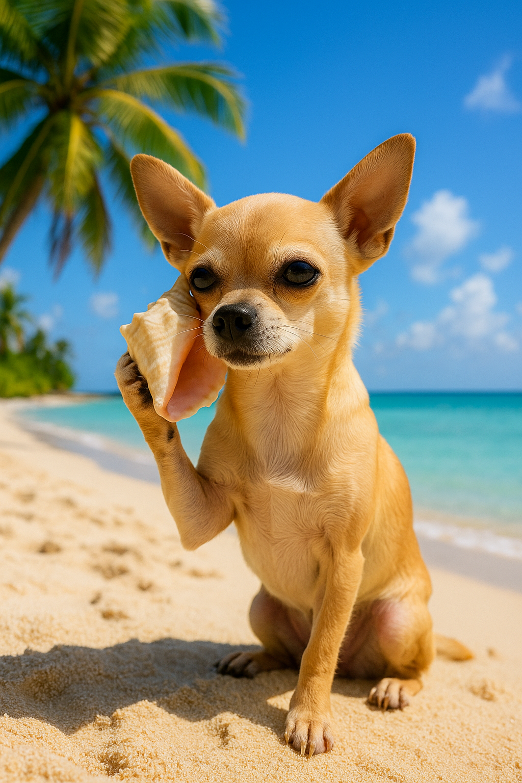 Chihuahua holding a seashell on a Caribbean beach