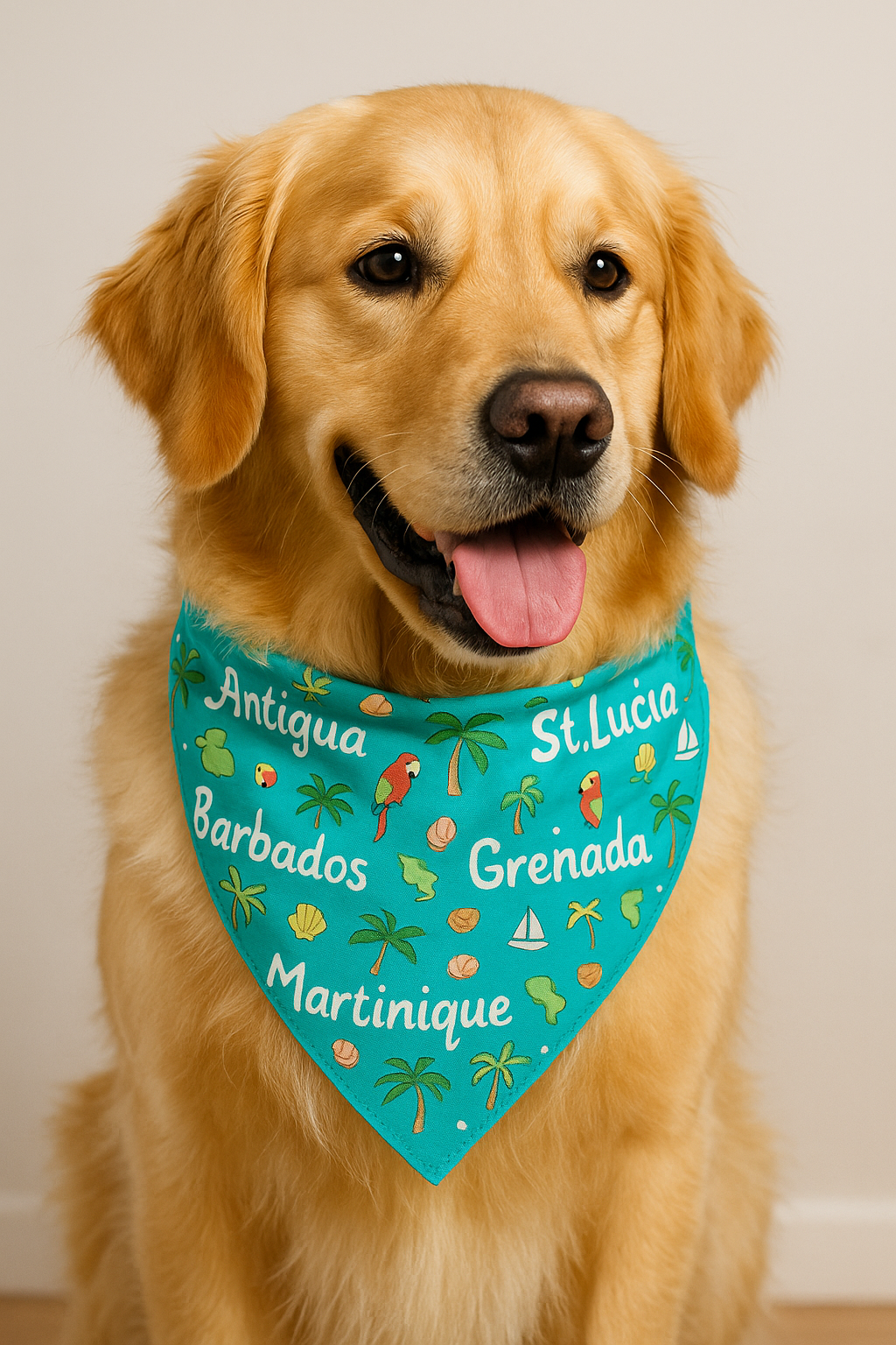 Golden retriever wearing a tropical Caribbean bandana