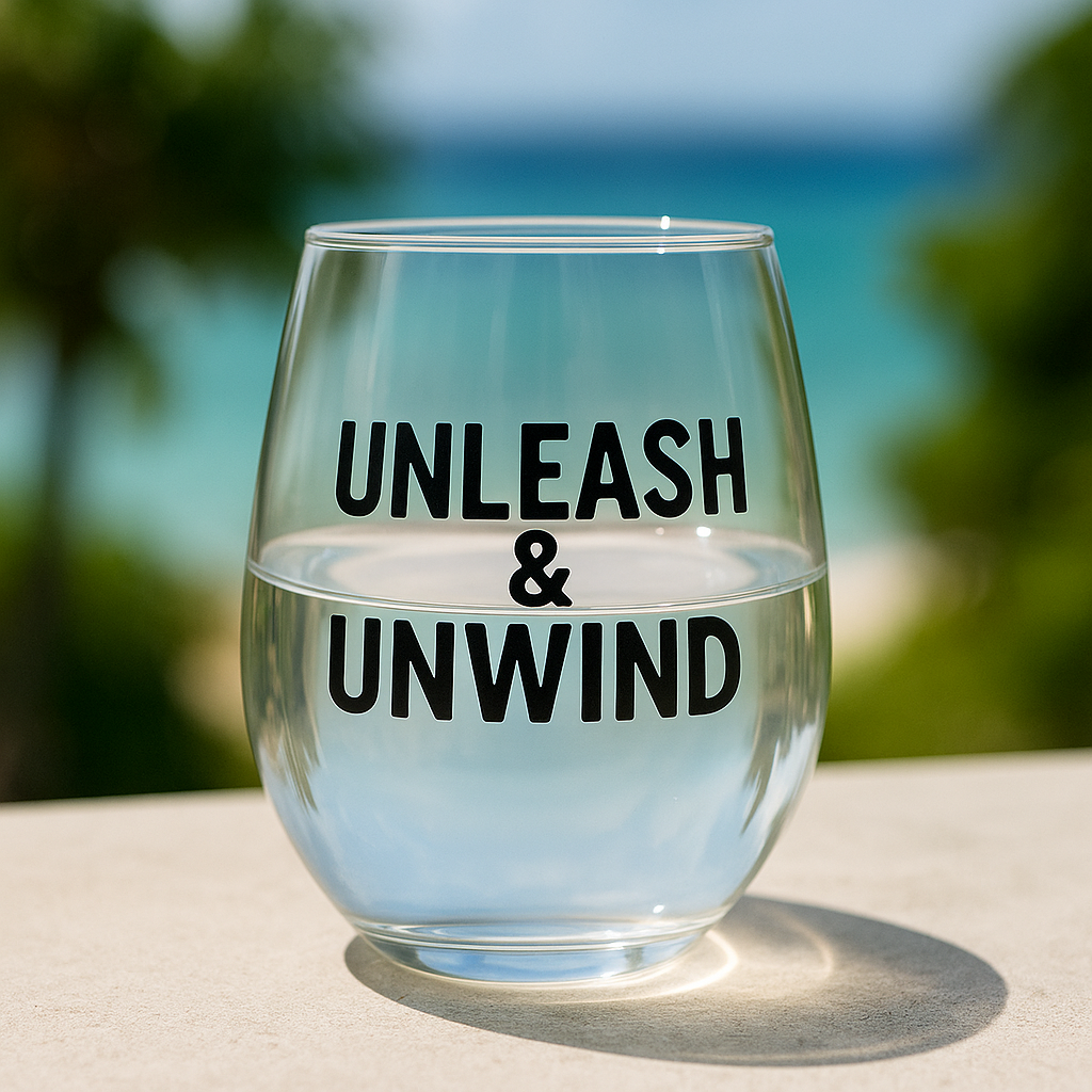 Unleash and Unwind wine glass by the water