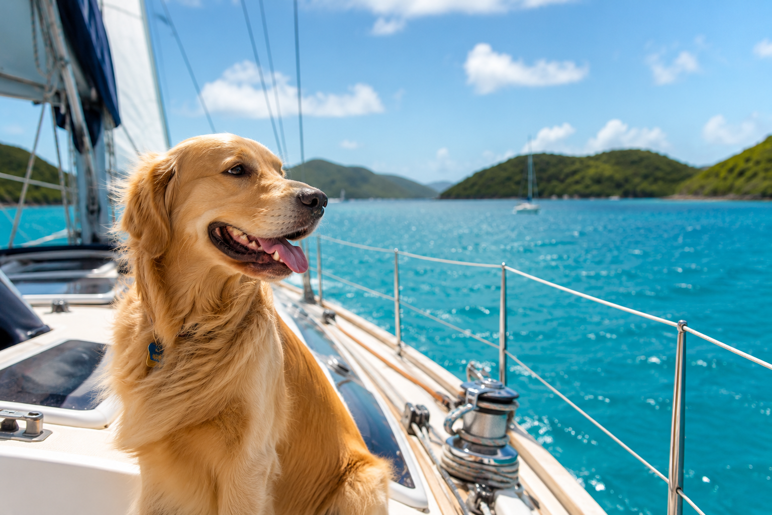Golden retriever sailing aboard a yacht in the Caribbean