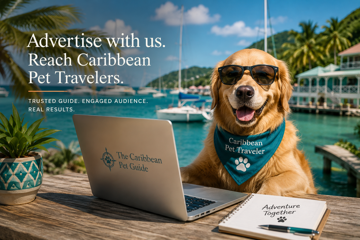 Golden retriever promoting advertising with The Caribbean Pet Guide at a Caribbean marina