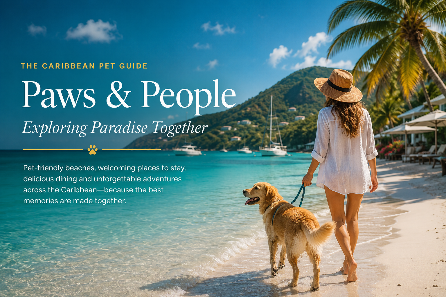 Paws and People exploring a pet-friendly Caribbean beach together