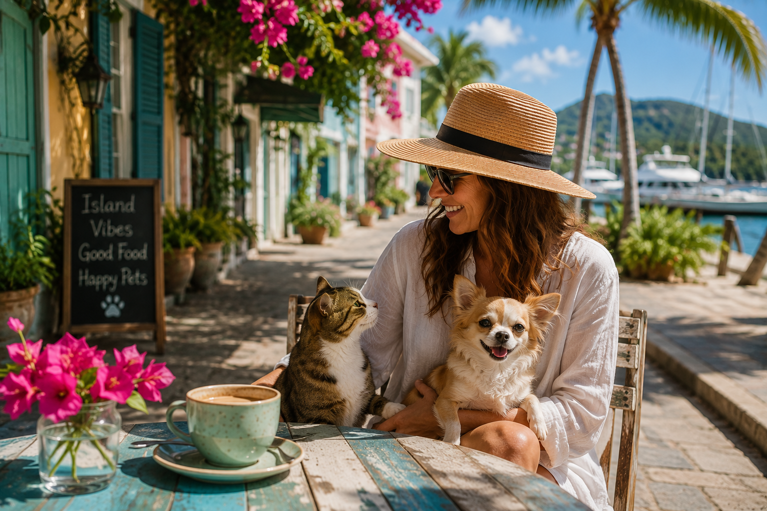 Woman enjoying a Caribbean waterfront café with a small dog and cat