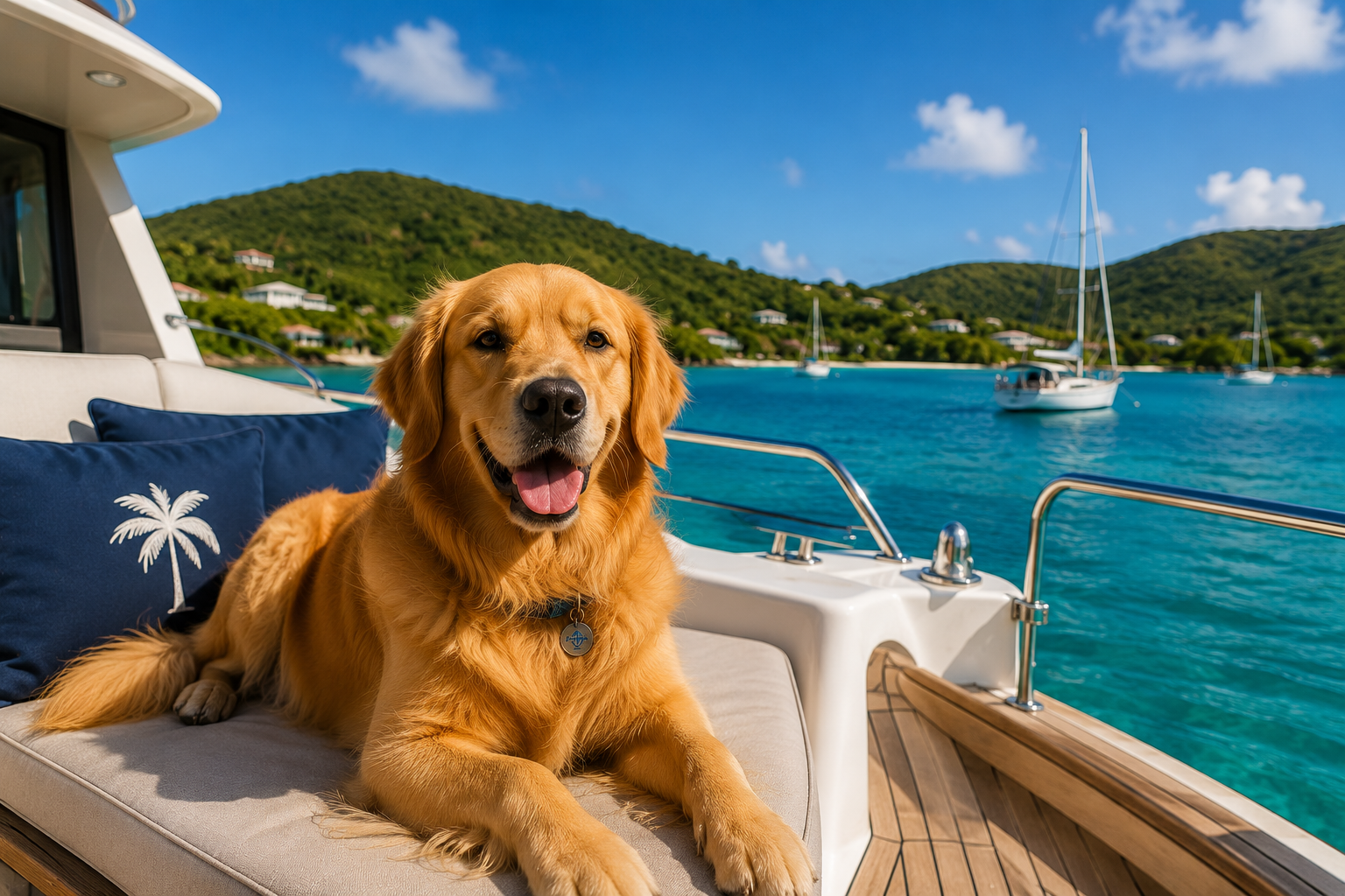Golden Retriever aboard a yacht in the Caribbean